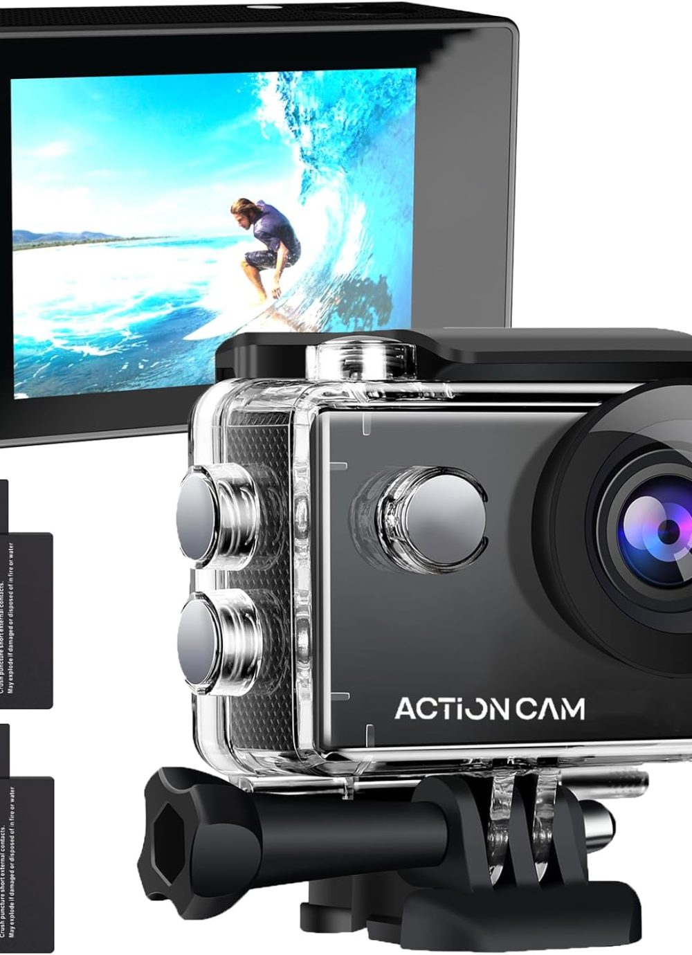 Action Camera 1080P 30fps Sports Camera 40m/131ft Underwater Waterproof with 2 Batteries and Multi-Function Accessory